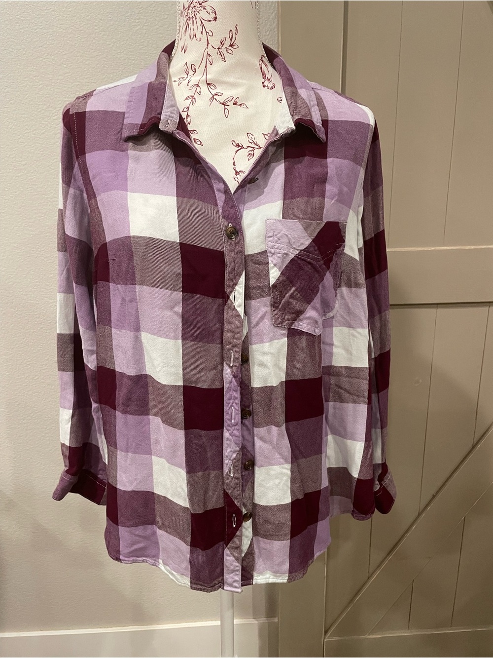 Terra & Sky Purple and White Plaid Button-Front Shirt